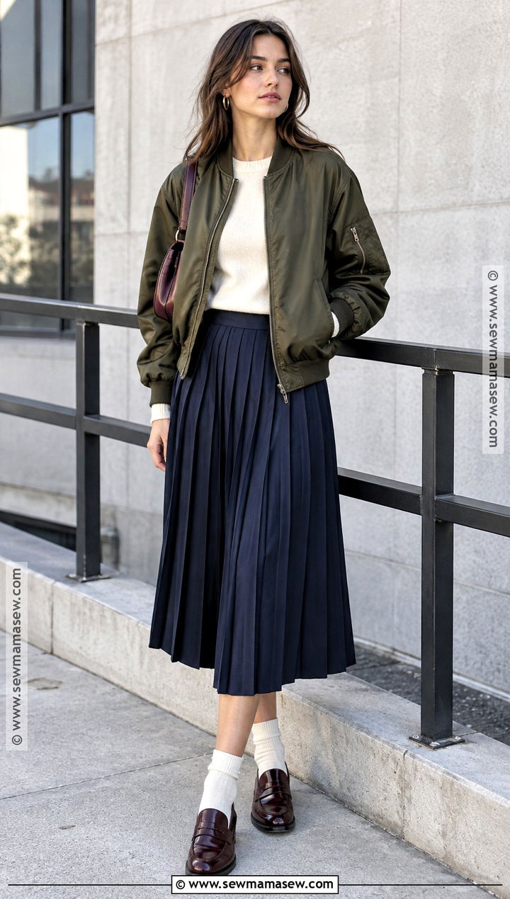 Thrifted Bomber Jacket and Pleated Skirt Fall Outfit - 20 Thrifted Fall Outfits