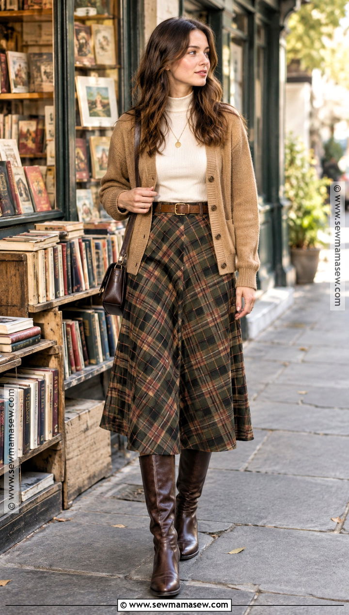 Thrifted Cardigan and Plaid Midi Skirt Fall Outfit - 20 Thrifted Fall Outfits