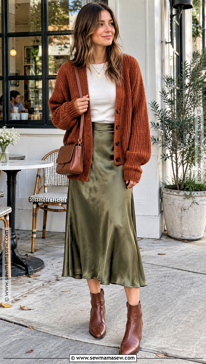 Thrifted Cardigan and Satin Midi Skirt Outfit - 15 Thrifted Fall Fashion Ideas