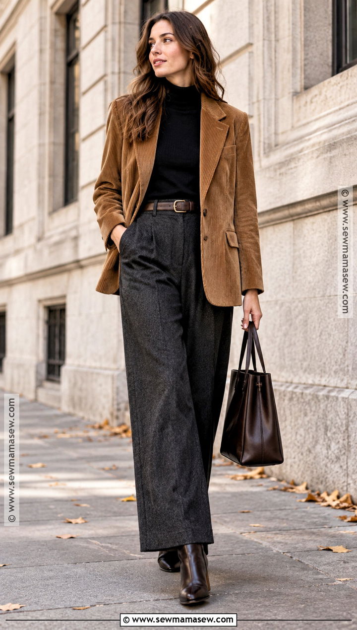 Thrifted Corduroy Jacket and Wide Leg Pants Outfit - 15 Thrifted Fall Fashion Ideas