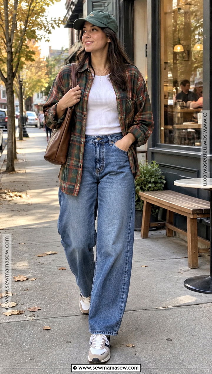 Thrifted Flannel Shirt and Barrel Jeans Fall Outfit - 20 Thrifted Fall Outfits