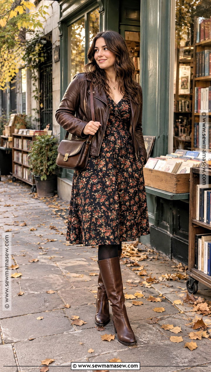 Thrifted Leather Jacket and Floral Midi Dress Outfit - 15 Thrifted Fall Fashion Ideas