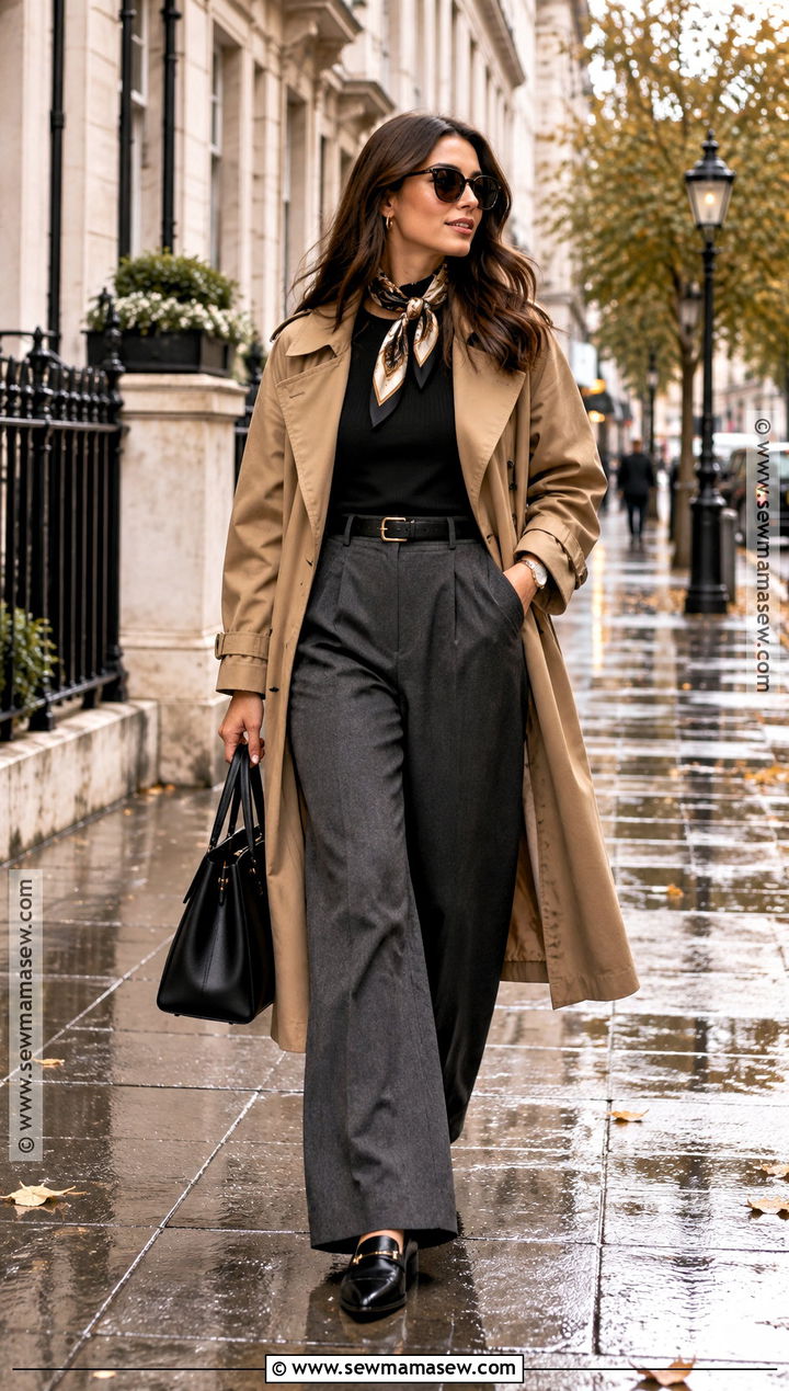 Thrifted Trench Coat and Wide Leg Trousers Fall Outfit - 20 Thrifted Fall Outfits