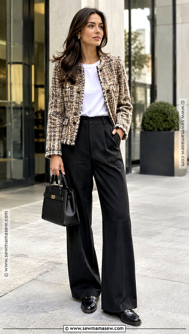 Thrifted Tweed Jacket and Black Trousers Fall Outfit - 20 Thrifted Fall Outfits