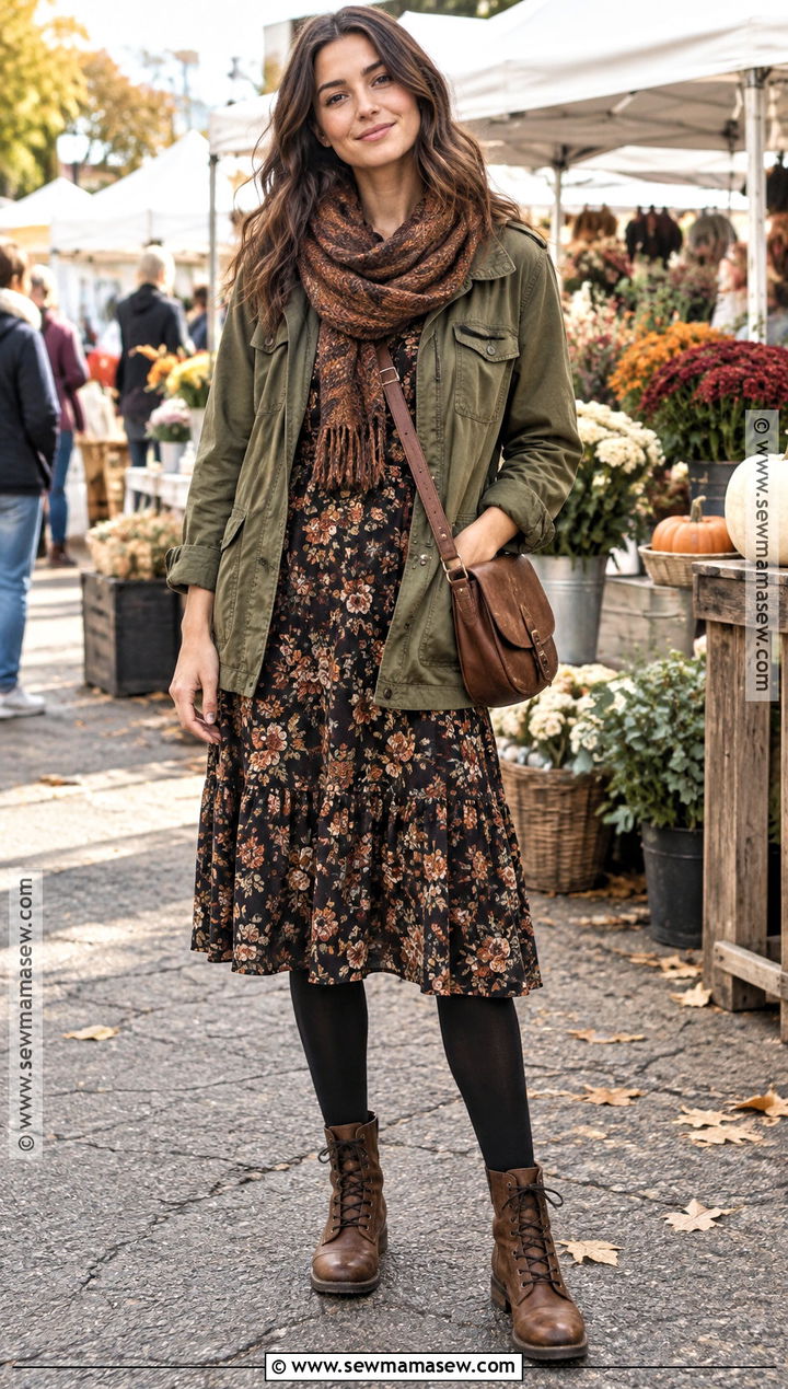 Thrifted Utility Jacket and Floral Dress Fall Outfit - 20 Thrifted Fall Outfits