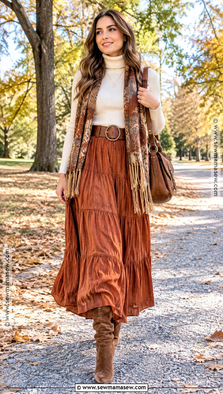 Tiered Boho Skirt With Turtleneck And Suede Boots - 15 boho skirt outfit fall ideas