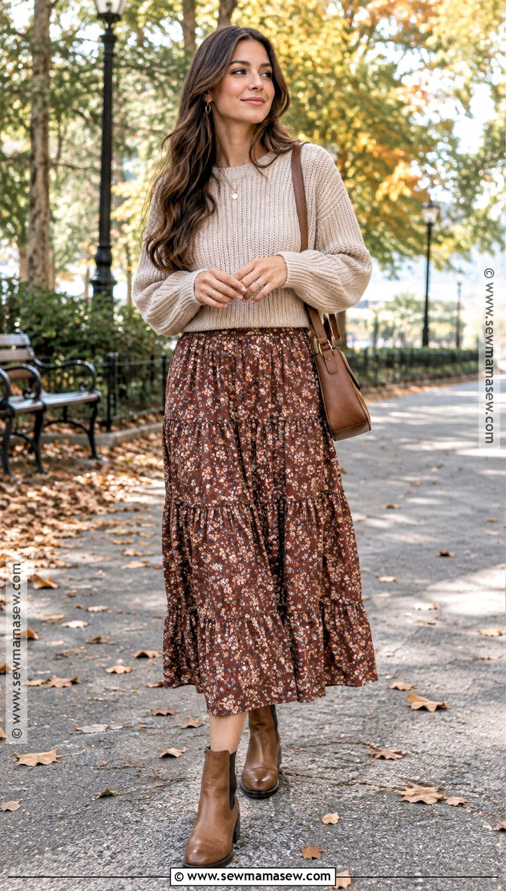 Tiered Dress With Chunky Sweater And Chelsea Boots - 15 Layering Summer Dresses For Fall