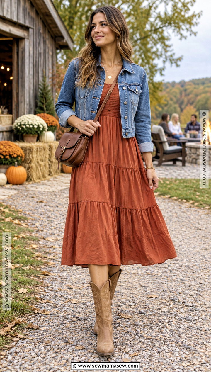 Tiered Fall Dress Outfit With Cowboy Boots - 30 fall dress outfit ideas