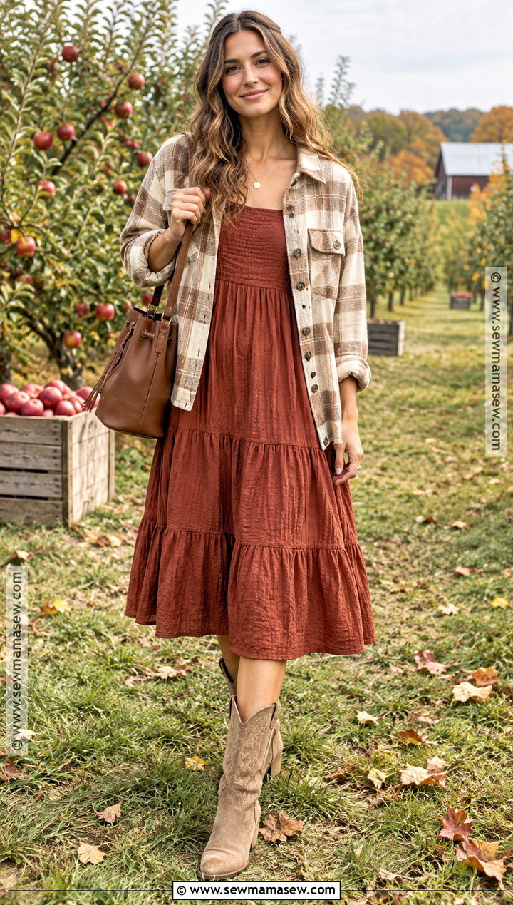 Tiered Fall Sundress Outfit With Plaid Shacket - 20 fall sundress outfit ideas