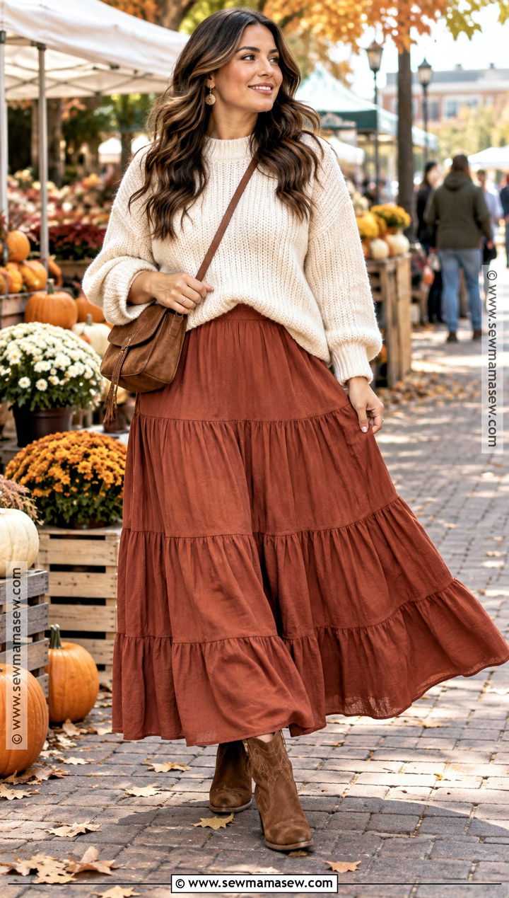 Tiered Long Skirt Outfit With Chunky Sweater - 25 fall long skirt outfits