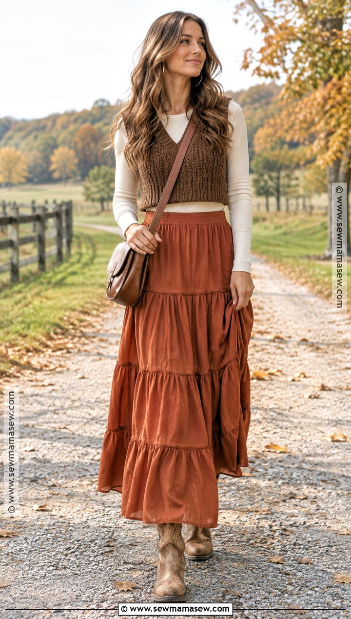 Tiered Long Skirt Outfit With Sweater Vest And Cowboy Boots - 25 long skirt outfits for fall