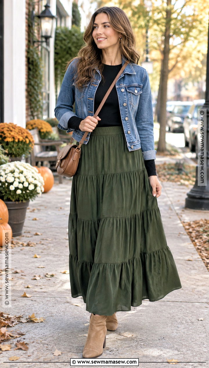 Tiered Long Skirt With Denim Jacket - 25 Long Skirt Fall Outfits
