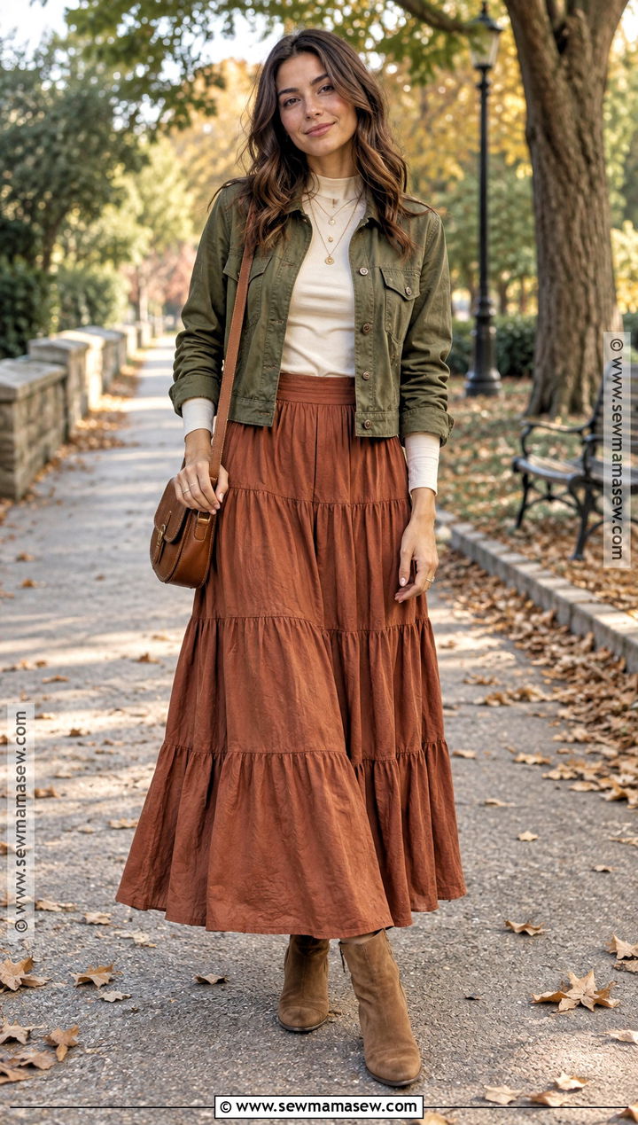 Tiered Long Skirt With Fitted Tee and Utility Jacket - 20 Long Skirt Fall Ideas