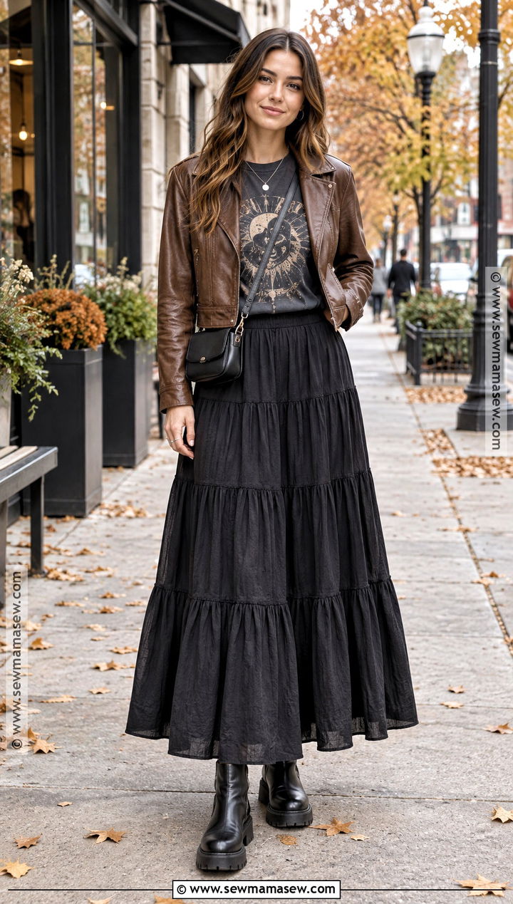 Tiered Long Skirt With Graphic Tee And Leather Jacket - 15 Long Skirt Outfits For Fall Casual