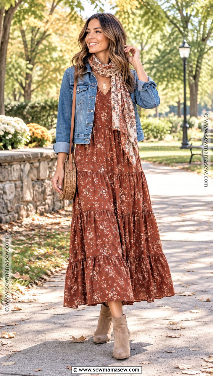 Tiered Maxi Dress And Denim Jacket Fall Boho Outfit - 25 fall boho outfits