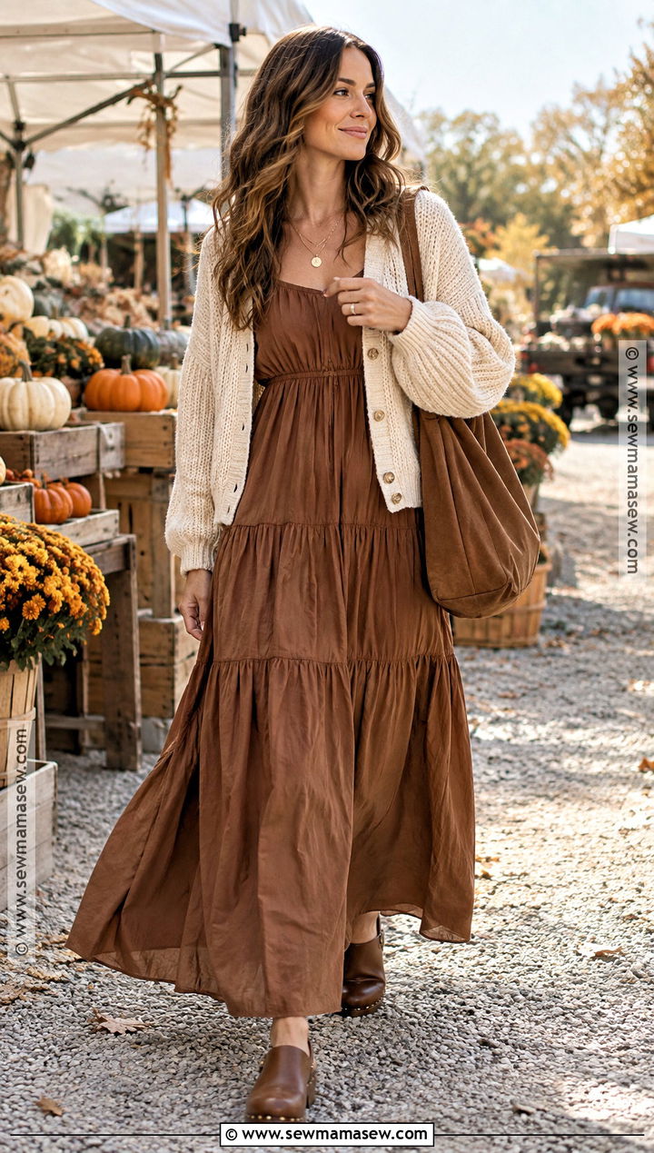 Tiered Maxi Dress With Cardigan And Clogs - 15 Cute Fall Dresses Casual