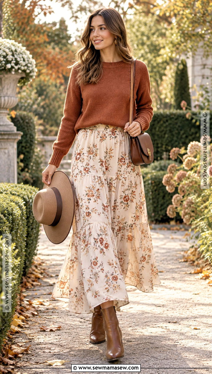 Tiered Maxi Dress With Crewneck Sweater - 15 Fall Dress With Sweater Outfit Ideas
