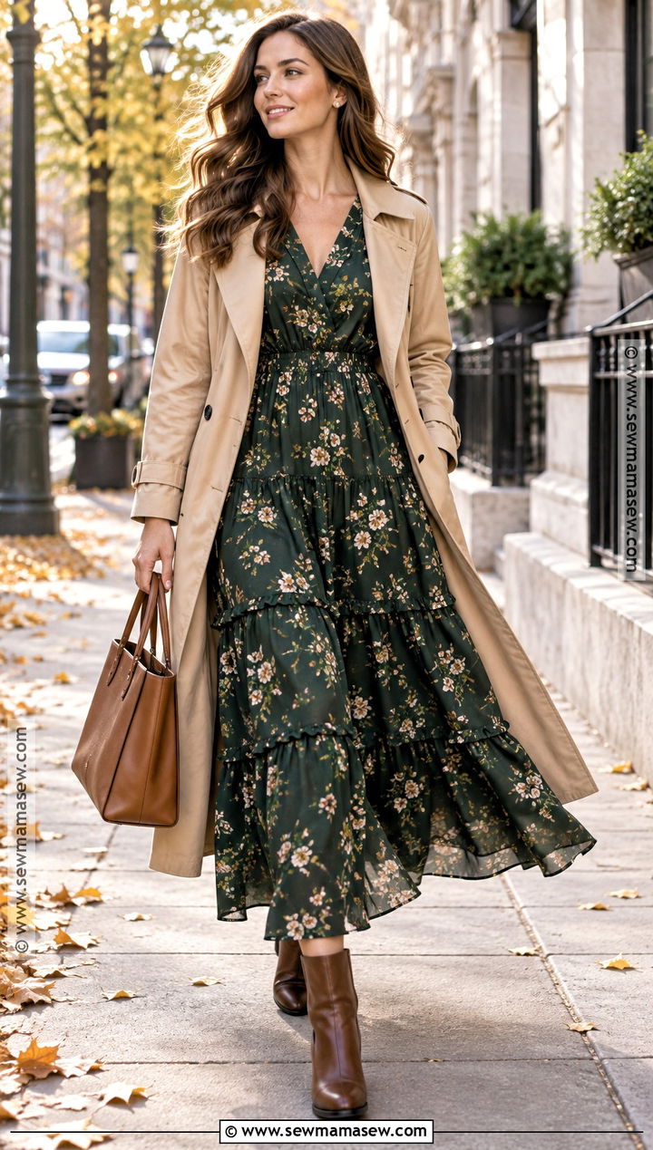Tiered Maxi Dress With Trench Coat - 25 Fall Maxi Dress Ideas