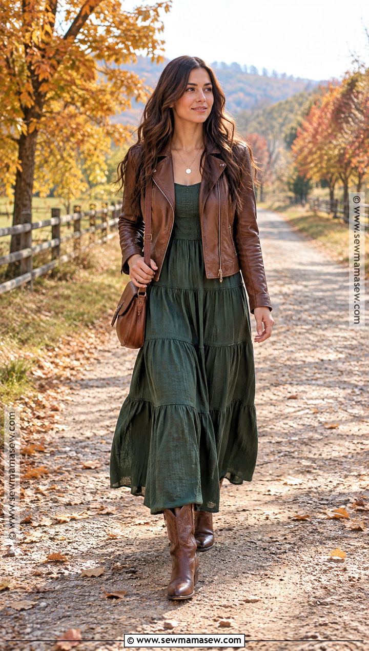 Tiered Maxi Fall Country Dress With Leather Jacket - 15 Fall Country Dresses
