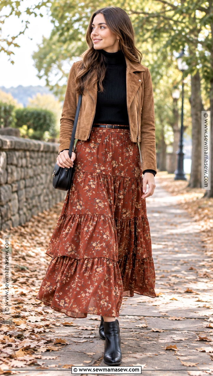 Tiered Maxi Skirt And Black Sweater - 15 skirts and sweaters outfit fall