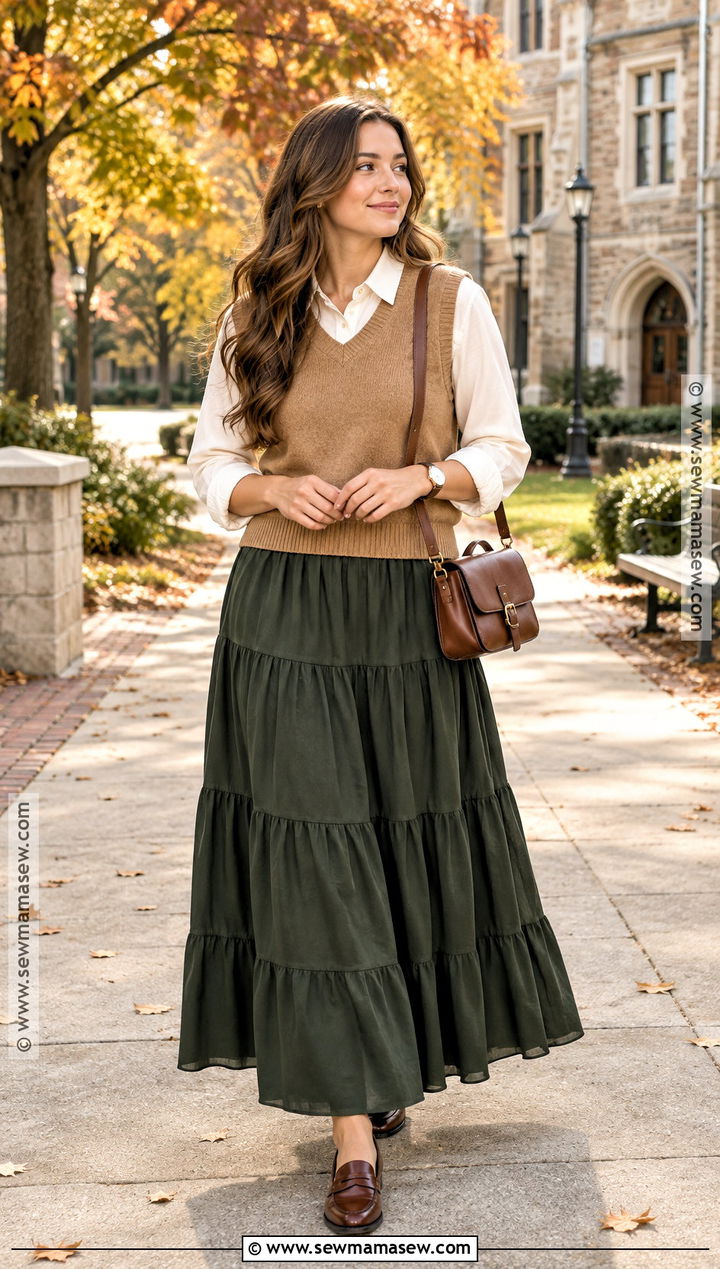 Tiered Maxi Skirt And Button Down Shirt Apostolic Fall Outfit - 15 fall outfits apostolic fashion