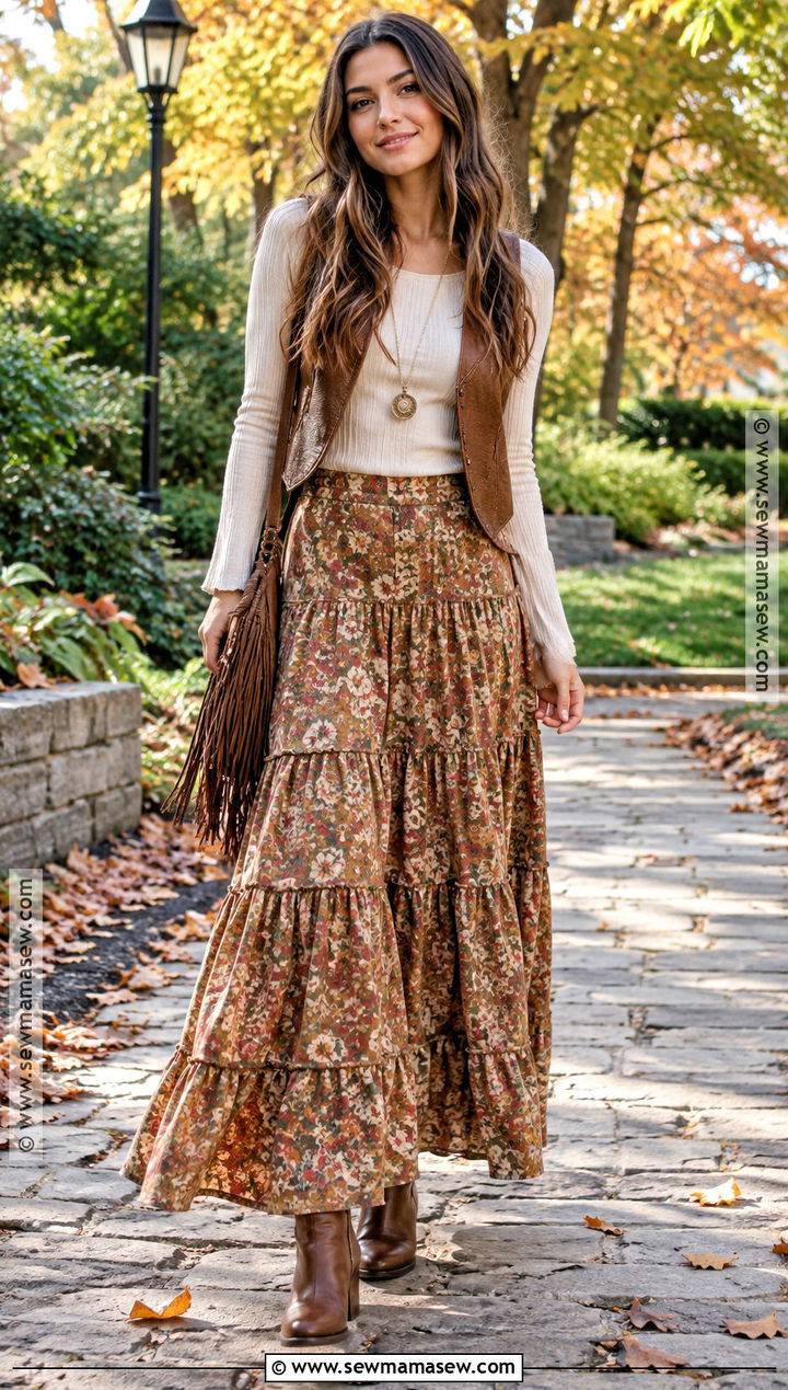 Tiered Maxi Skirt And Leather Vest Autumn Hippie Outfit - 20 autumn hippie outfits