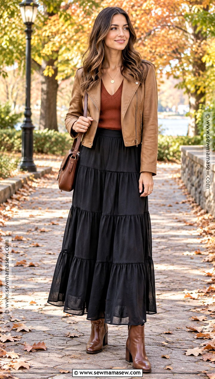 Tiered Maxi Skirt And V Neck Sweater Outfit - 20 skirt and sweater outfit fall ideas