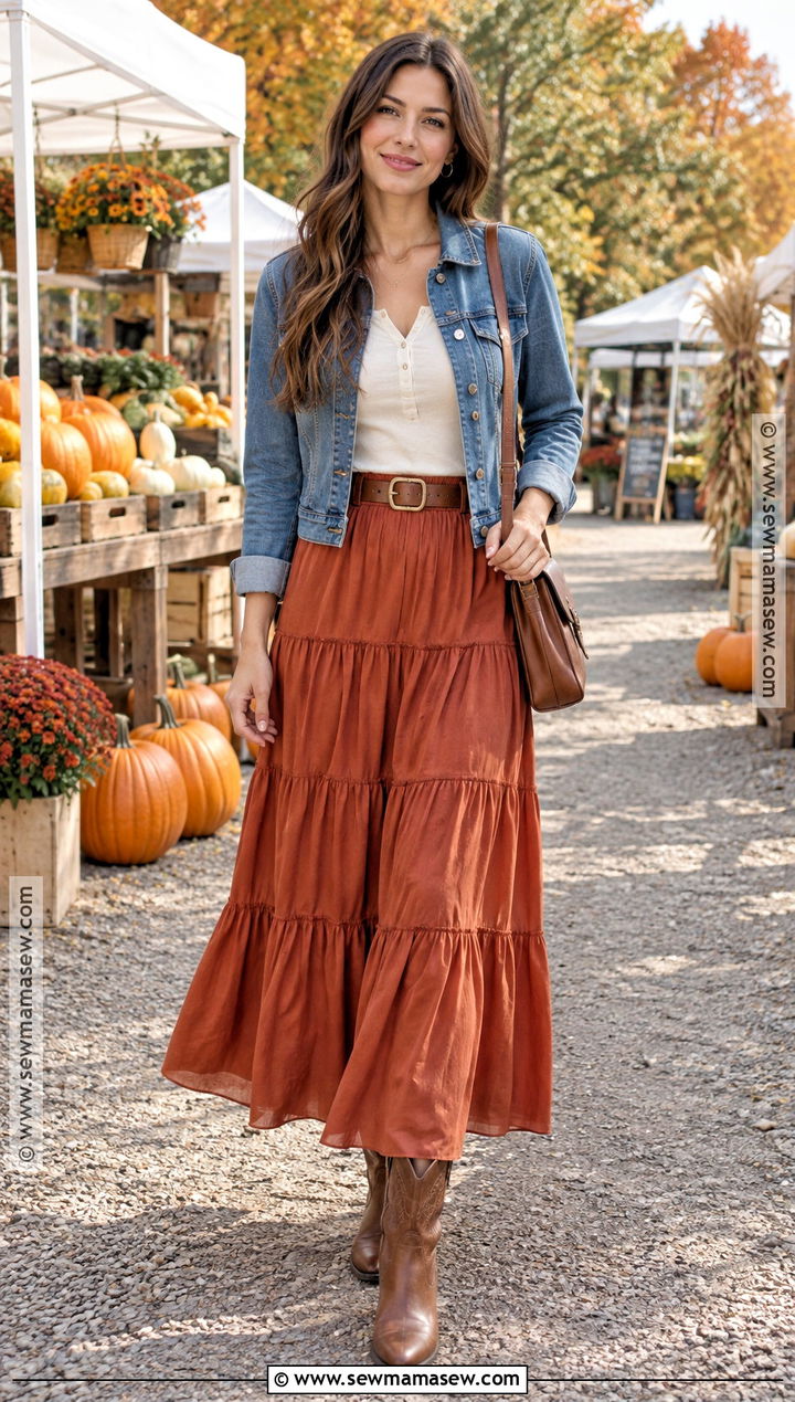 Tiered Maxi Skirt With Cowboy Boots - 20 Skirt Boots Outfit Fall