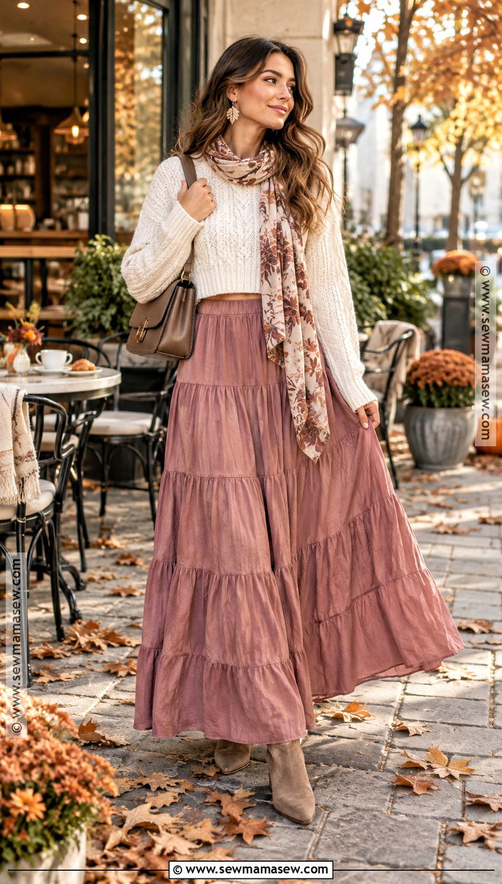 Tiered Maxi Skirt With Cropped Sweater And Ankle Boots - 20 Fall Whimsical Outfit Ideas