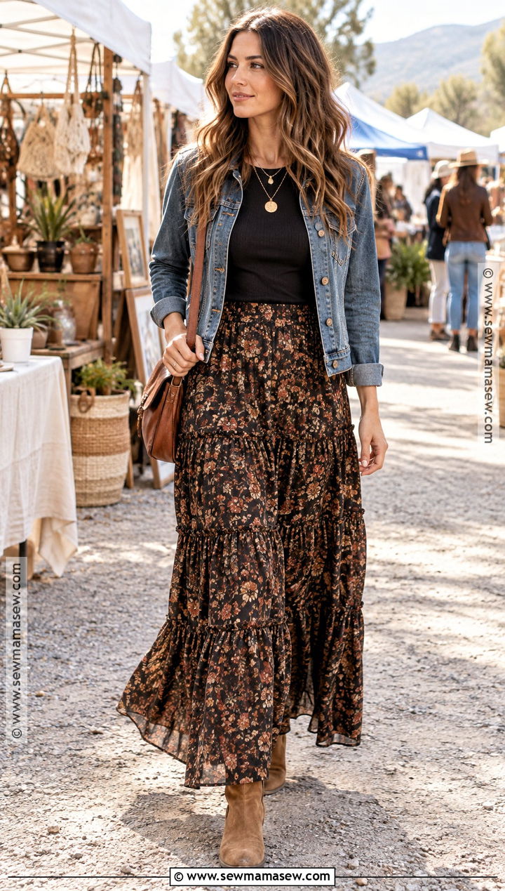 Tiered Maxi Skirt With Denim Jacket And Boots - 25 fall outfits with skirts