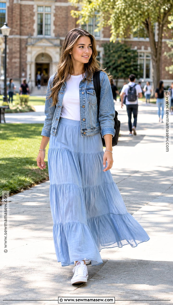 Tiered Maxi Skirt With Denim Jacket - 25 back to school outfits skirt