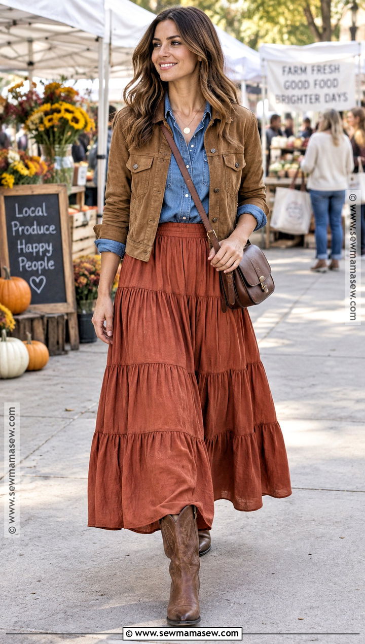 Tiered Maxi Skirt With Denim Shirt And Western Boots - 30 fall skirt outfits