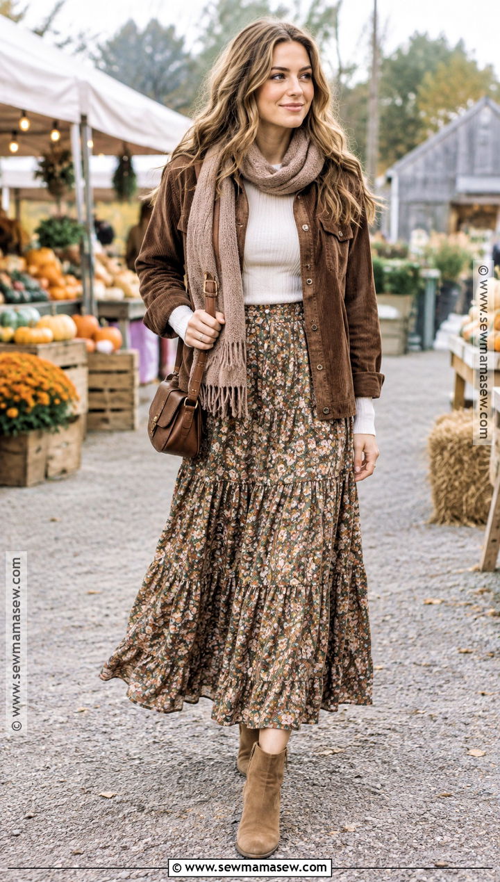 Tiered Maxi Skirt With Shacket And Ankle Boots - 25 fall outfits skirt
