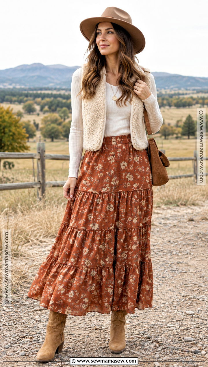 Tiered Maxi Skirt With Shearling Vest And Western Boots - 15 fall outfits with maxi skirts