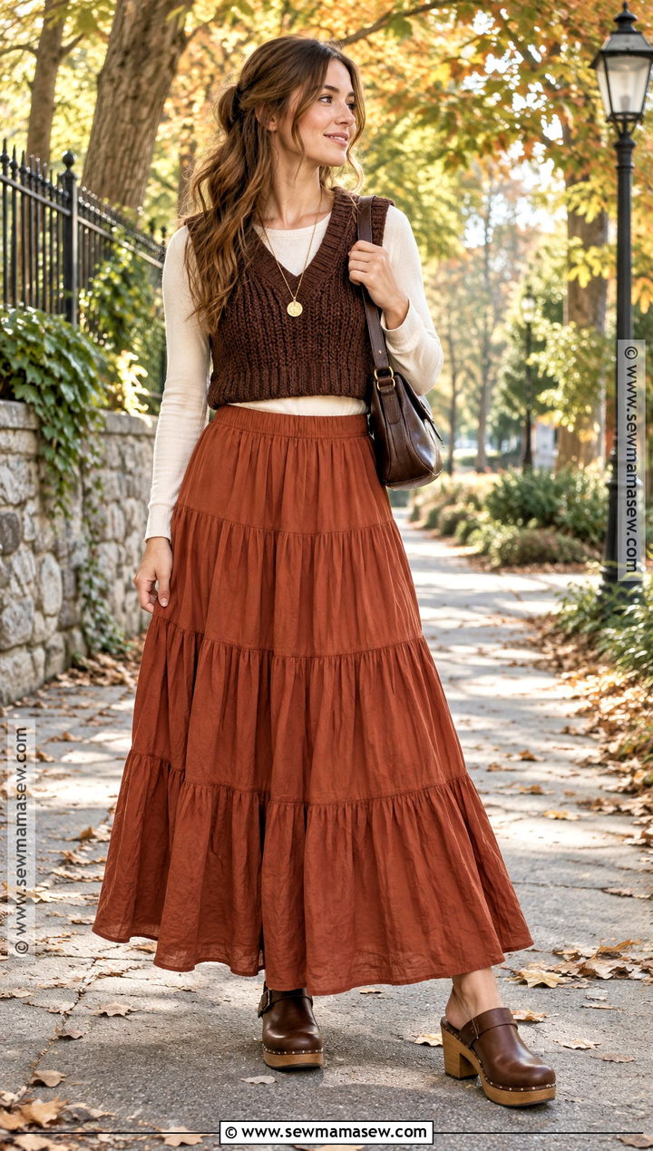Tiered Maxi Skirt With Sweater Vest And Clogs - 20 maxi skirt autumn outfit ideas