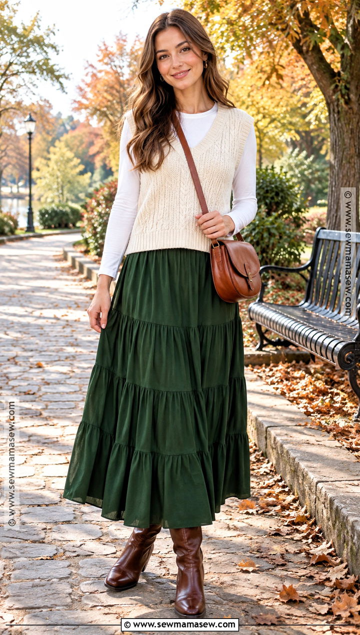 Tiered Maxi Skirt With Sweater Vest And Knee High Boots - 20 fall outfit long skirt ideas