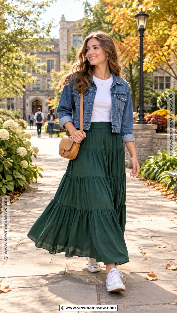 Tiered Maxi Skirt With T Shirt And Denim Jacket - 15 Back To School Skirt Styles