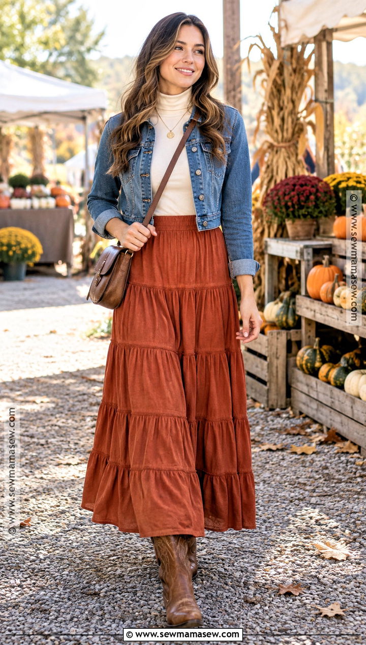 Tiered Maxi Skirt With Turtleneck And Cowboy Boots - 15 maxi skirt outfit fall ideas 2026