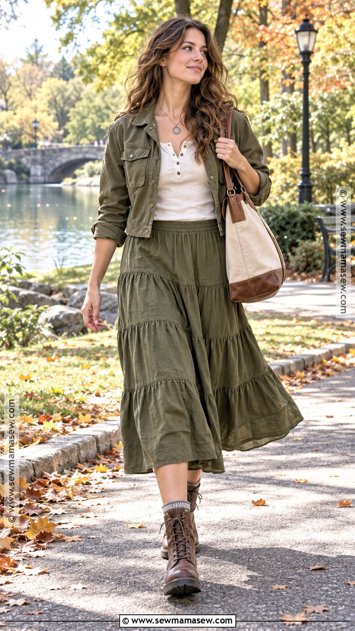 Tiered Maxi Skirt With Utility Jacket - 20 fall fashion skirts