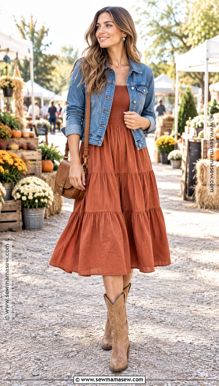 Tiered Midi Dress And Western Boots - 20 fall dress and boots outfit
