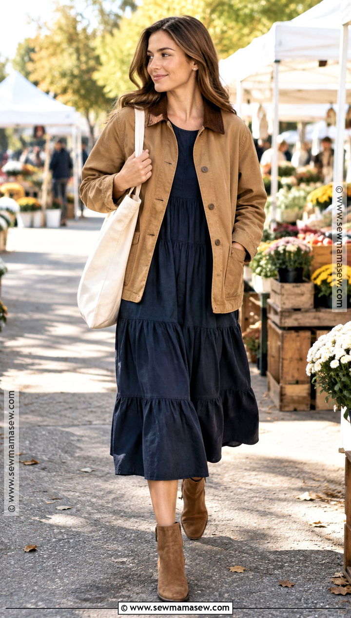 Tiered Midi Dress With Barn Jacket - 20 fall dress outfit casual ideas