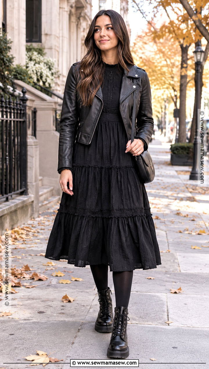 Tiered Midi Dress With Combat Boots - 25 fall dresses with boots