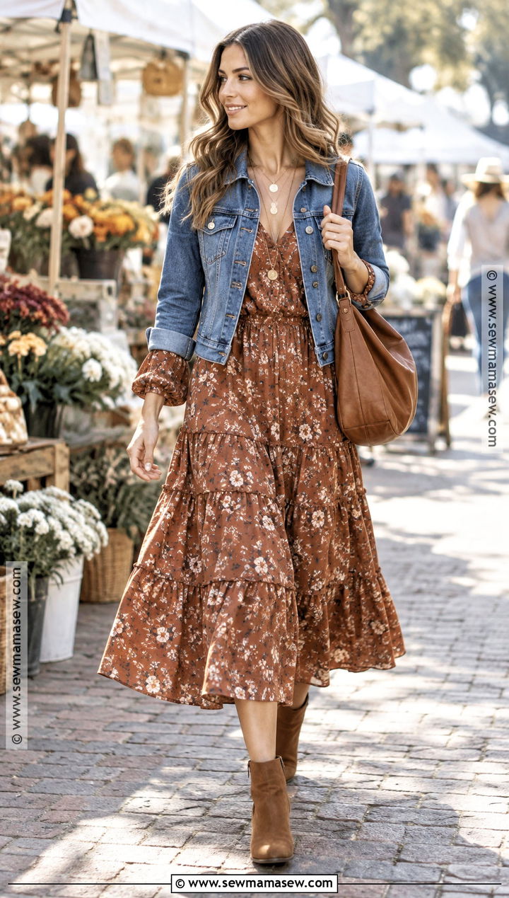 Tiered Midi Dress With Denim Jacket - 15 Boho Fall Dress Ideas
