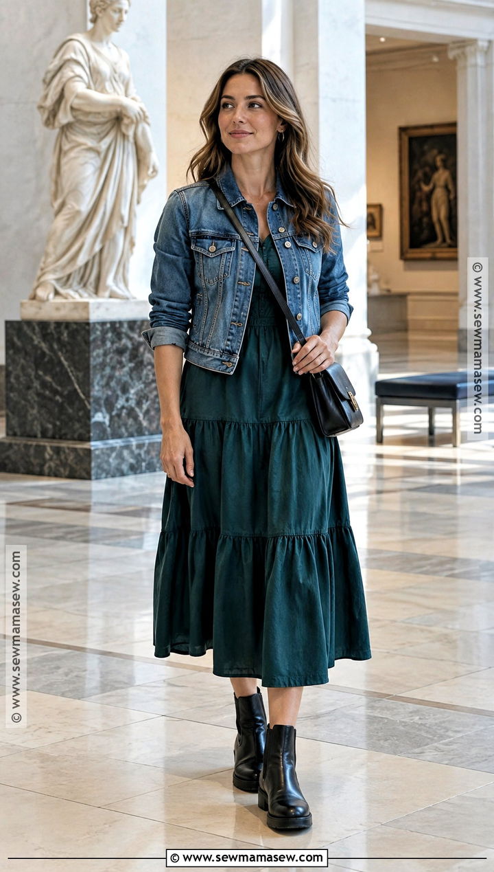Tiered Midi Dress With Jean Jacket - 15 fall dress with jean jacket ideas