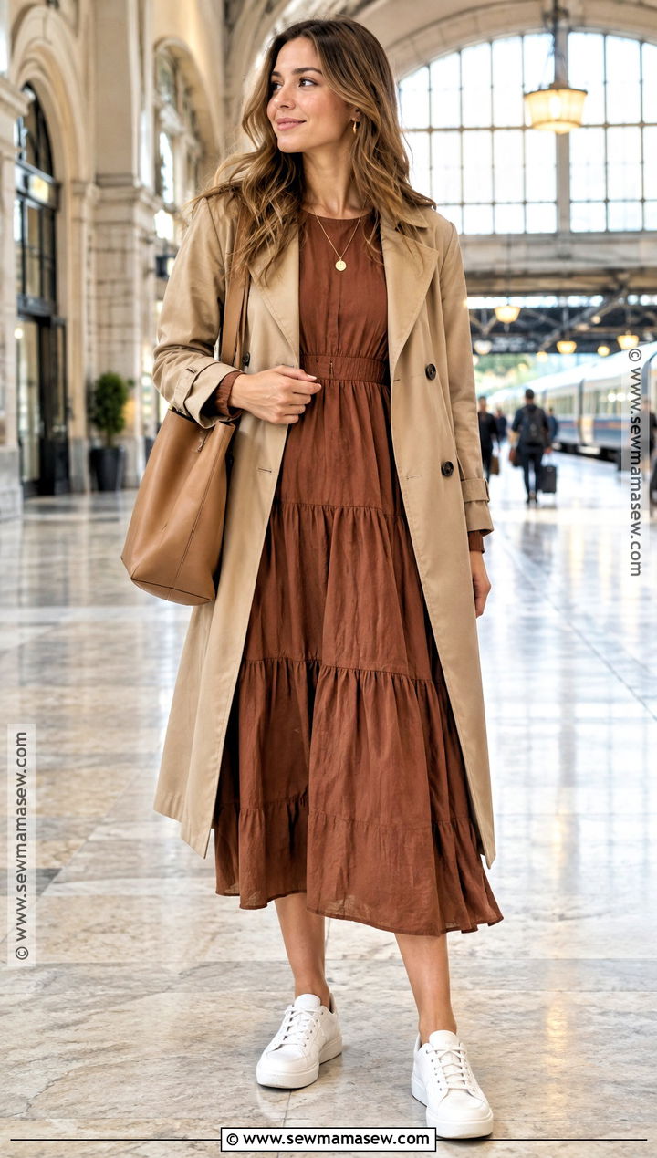 Tiered Midi Dress With Trench Coat And Sneakers - 20 Casual Fall Dresses