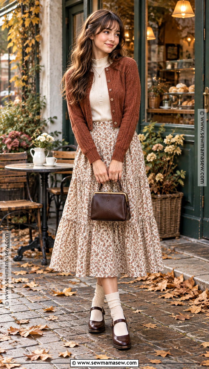 Tiered Midi Skirt And Cropped Cardigan Autumn Cottagecore Outfit - 25 autumn cottagecore outfit ideas