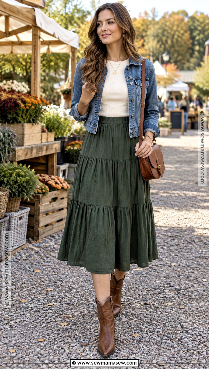 Tiered Midi Skirt With Denim Jacket And Western Boots - 25 fall midi skirt outfit ideas