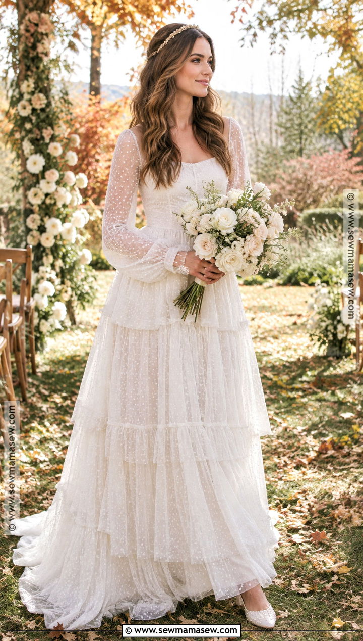 Tiered Tulle Boho Long Sleeve Wedding Dress - 15 boho fall wedding dress long sleeve ideas