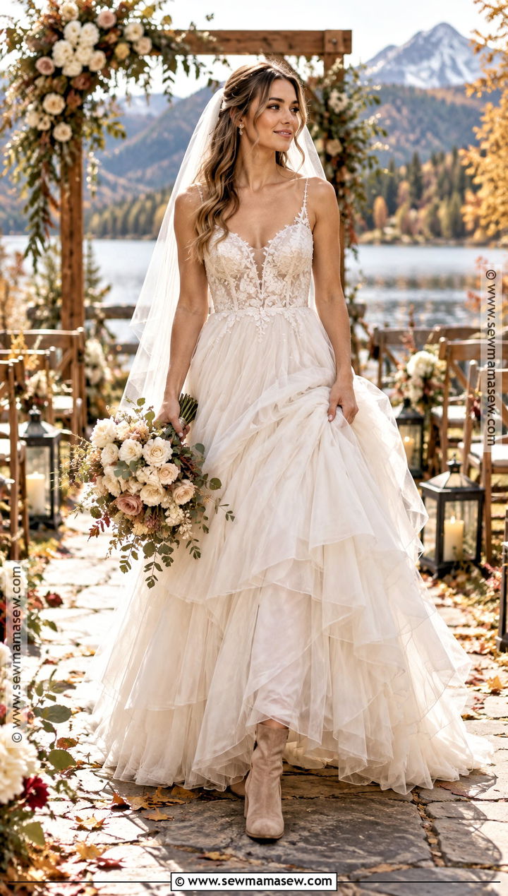 Tiered Tulle Embroidered Wedding Dress - 15 rustic boho fall wedding dress ideas