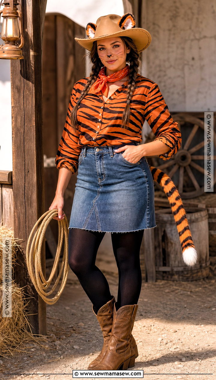 Tiger Cowgirl Costume With Denim Skirt - 30 tiger halloween costume ideas for women